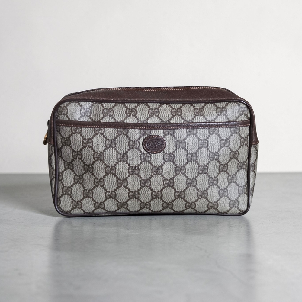 Authentic Gucci Beige and Brown GG Monogram Toiletry Pouch